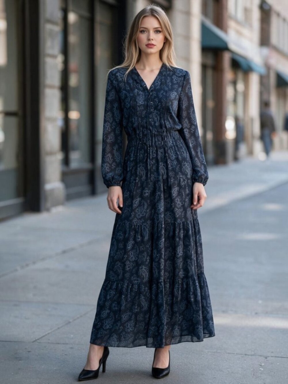 Michael Kors Bohemian Long Sleeve Paisley Maxi Dress -Blue Size S